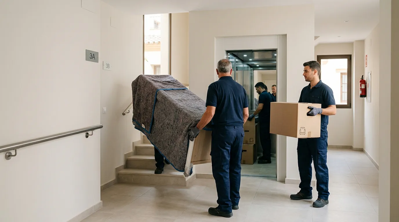 Equipo de mudanzas comprobando el espacio del ascensor y el pasillo al trasladar muebles.